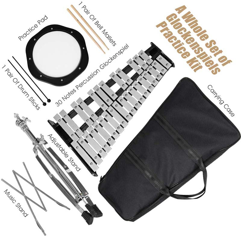 30 Notes Percussion Glockenspiel Bell Kit, Adjustable Height Xylophone with Practice Pad Mallets Sticks Stand Carrying Bag