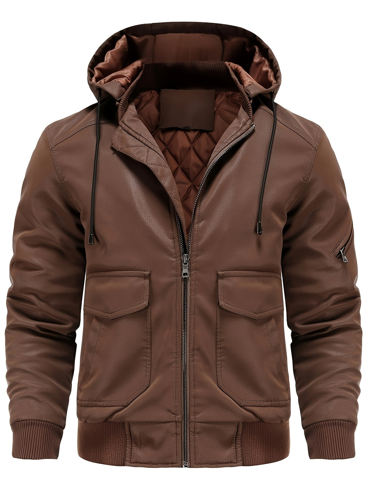 Men’s Hooded Leather Jacket – Quilted Lined Winter Casual Outerwear