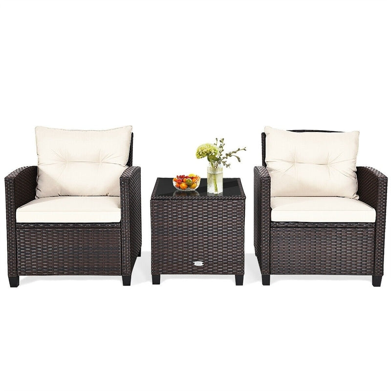 3 Pcs Rattan Patio Conversation Set Outdoor Wicker Sofa Set with Washable Cushions & Coffee Table