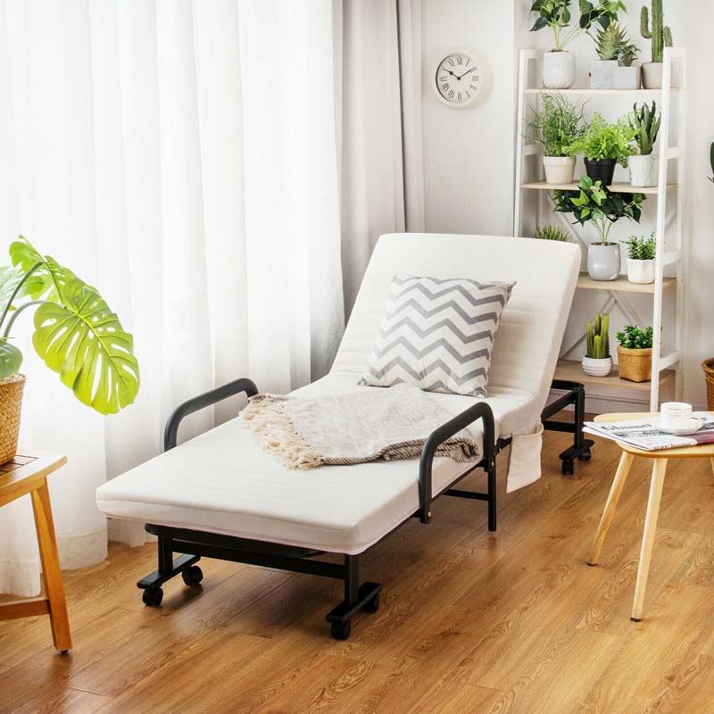 Folding Rollaway Bed with Mattress for Adult, Portable Guest Bed Frame with Adjustable 6 Position & Side Storage Pocket