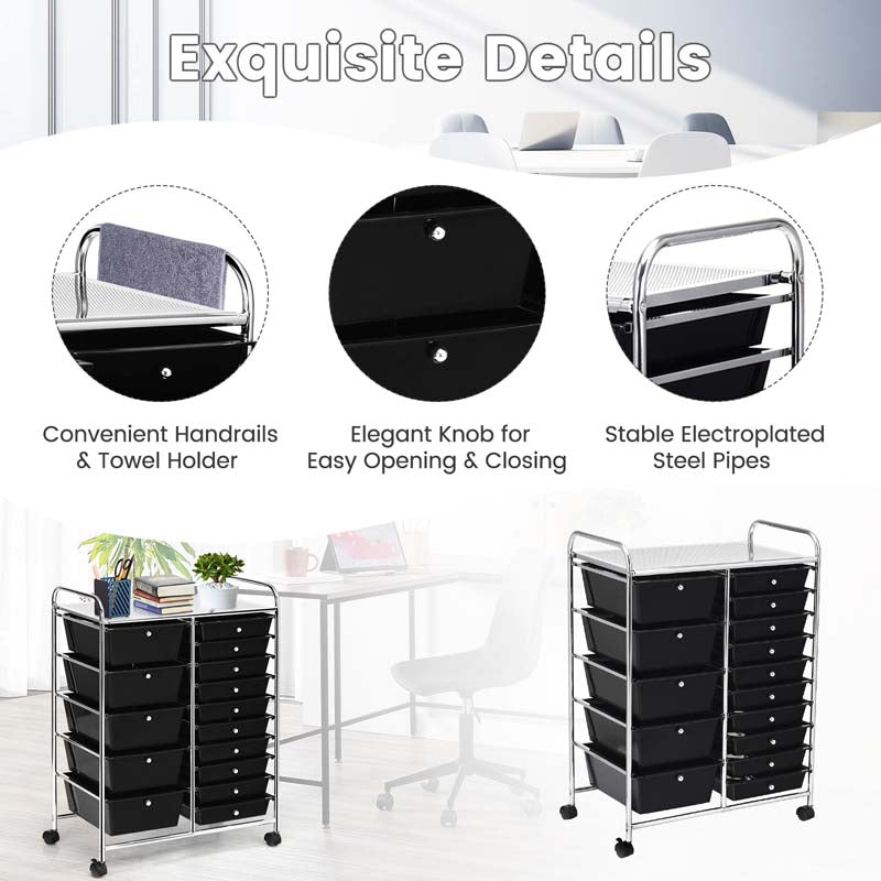 15-Drawer Storage Drawer Cart Tools Scrapbook Paper Organizer Cart Office School Utility Cart Rolling Storage Cart with Wheels