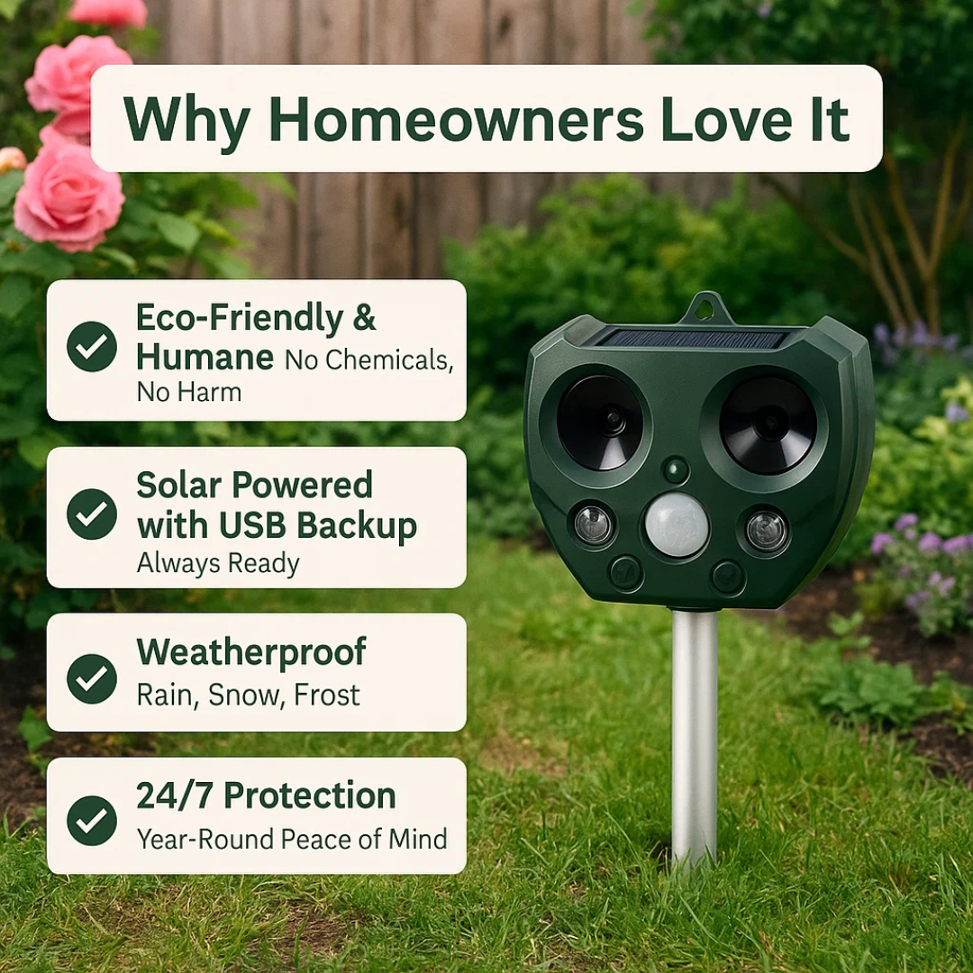 Ultrasonic Bird & Pest Defender | Weatherproof, Solar-Powered & Effective for Garden Protection