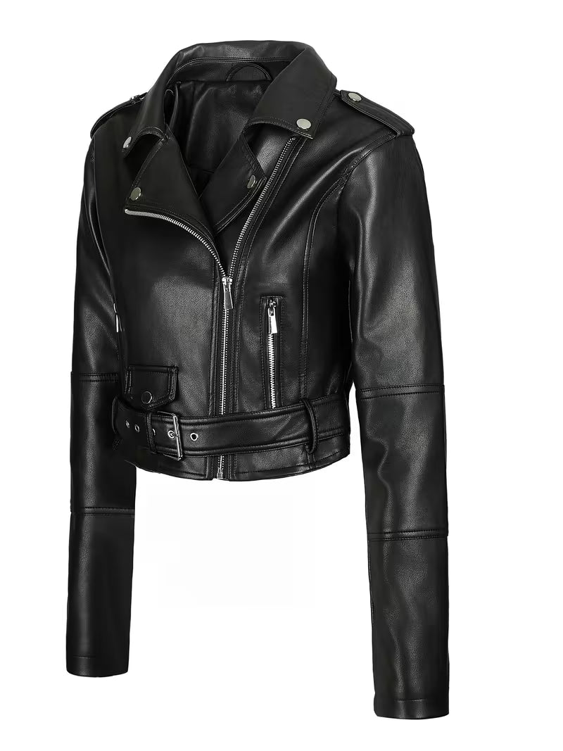 Women’s Biker Jacket – Chic Motorcycle Zip-Up Coat