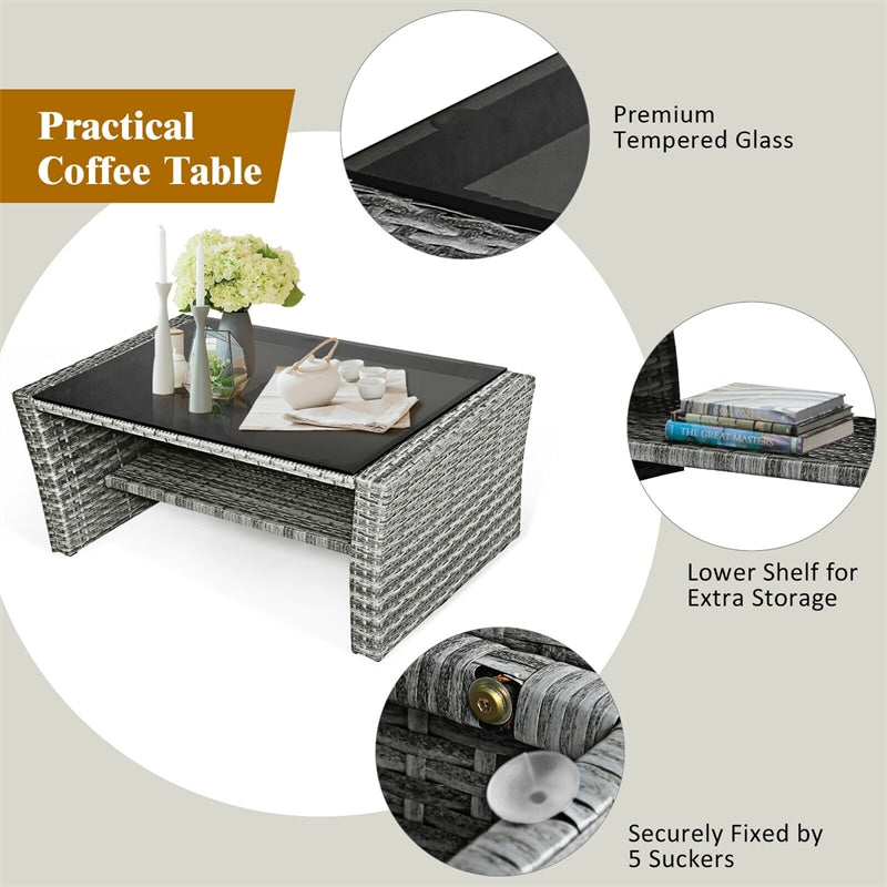 4 Pcs Rattan Patio Sectional Furniture Set with Storage Shelf Table, Cushioned Outdoor Wicker Conversation Sofa Set