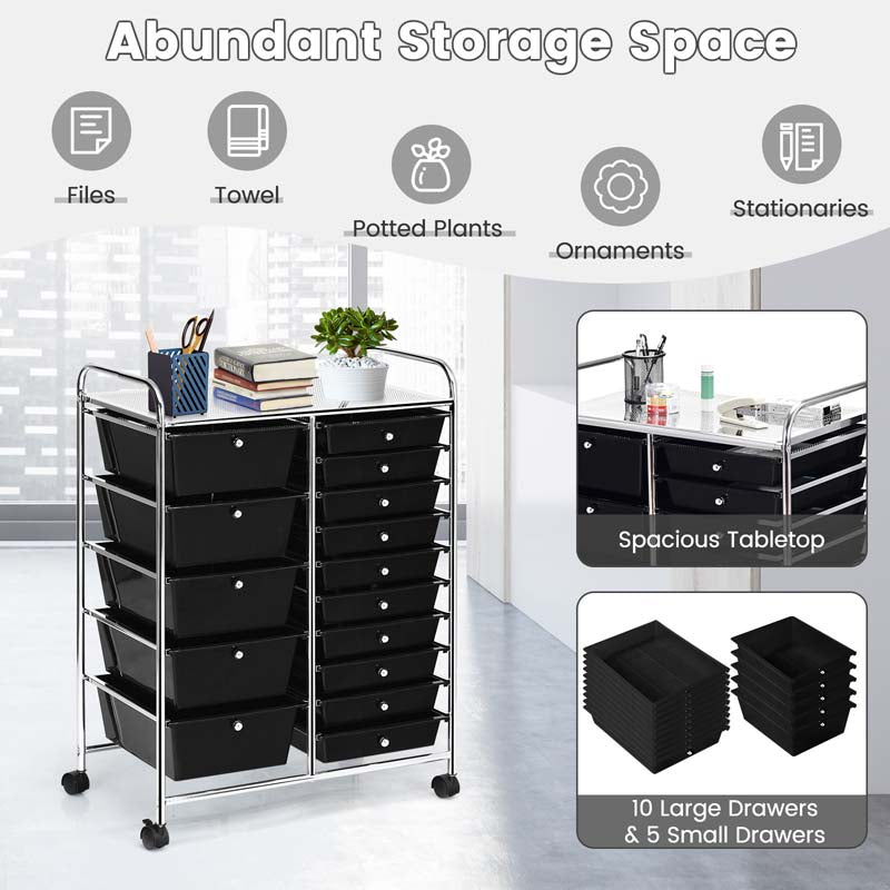 15-Drawer Storage Drawer Cart Tools Scrapbook Paper Organizer Cart Office School Utility Cart Rolling Storage Cart with Wheels
