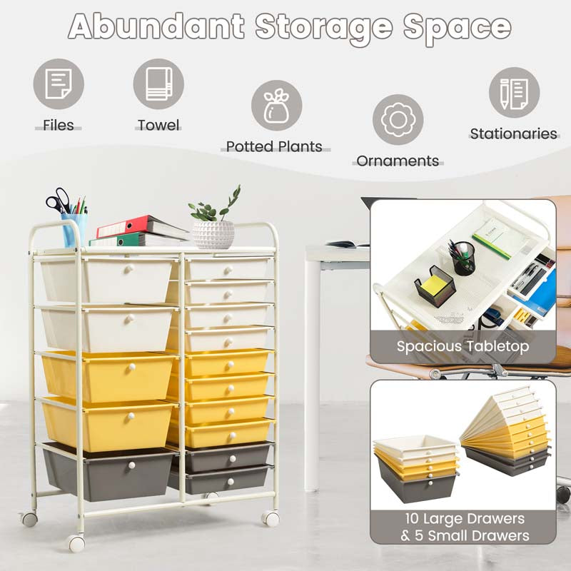 15-Drawer Storage Drawer Cart Tools Scrapbook Paper Organizer Cart Office School Utility Cart Rolling Storage Cart with Wheels