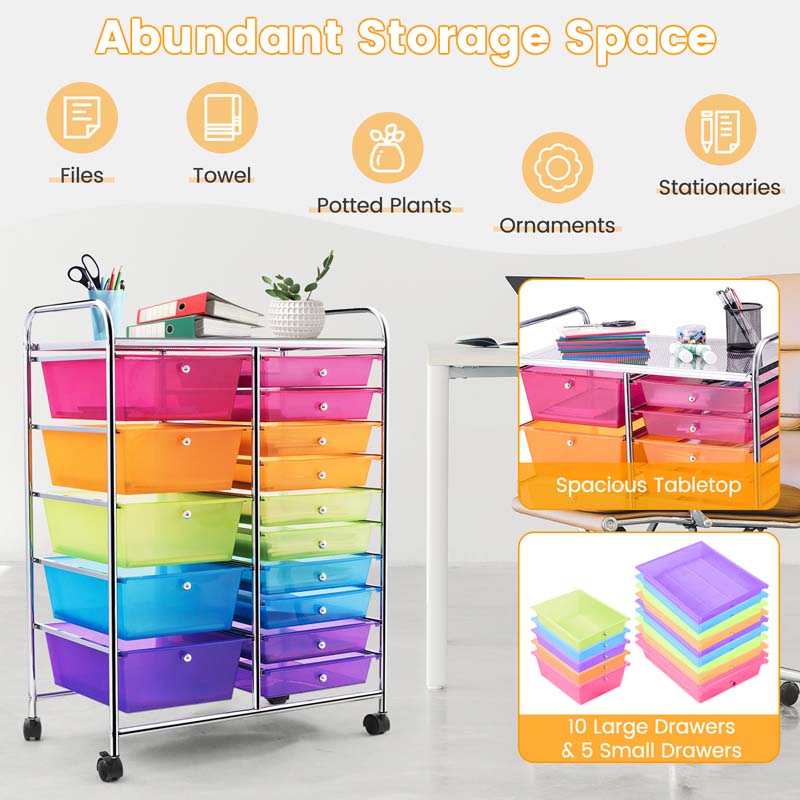 15-Drawer Storage Drawer Cart Tools Scrapbook Paper Organizer Cart Office School Utility Cart Rolling Storage Cart with Wheels