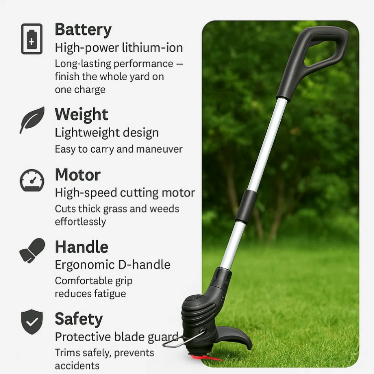 Cordless Grass Trimmer with High-Power Battery - Lightweight Lawn Edger for Easy Yard Maintenance