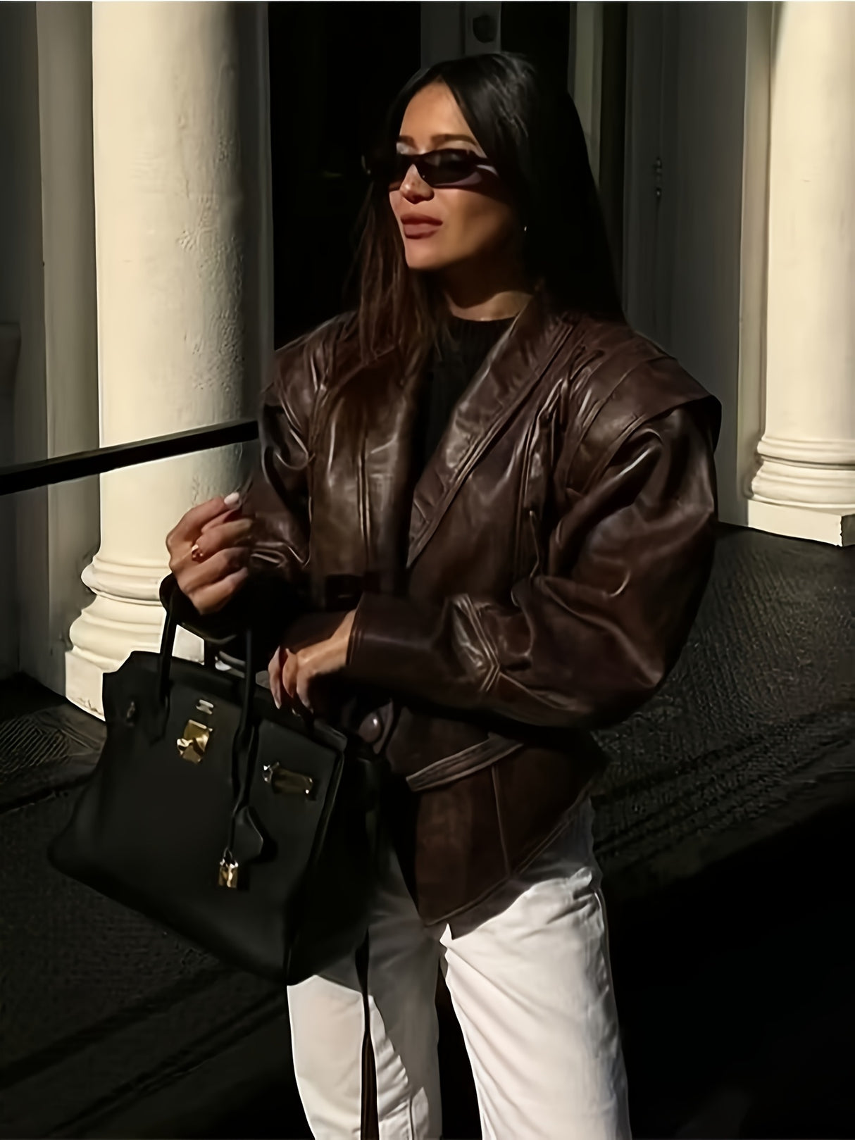 Women’s Vintage Biker Jacket – Brown Retro Streetwear Coat with Waist Tie