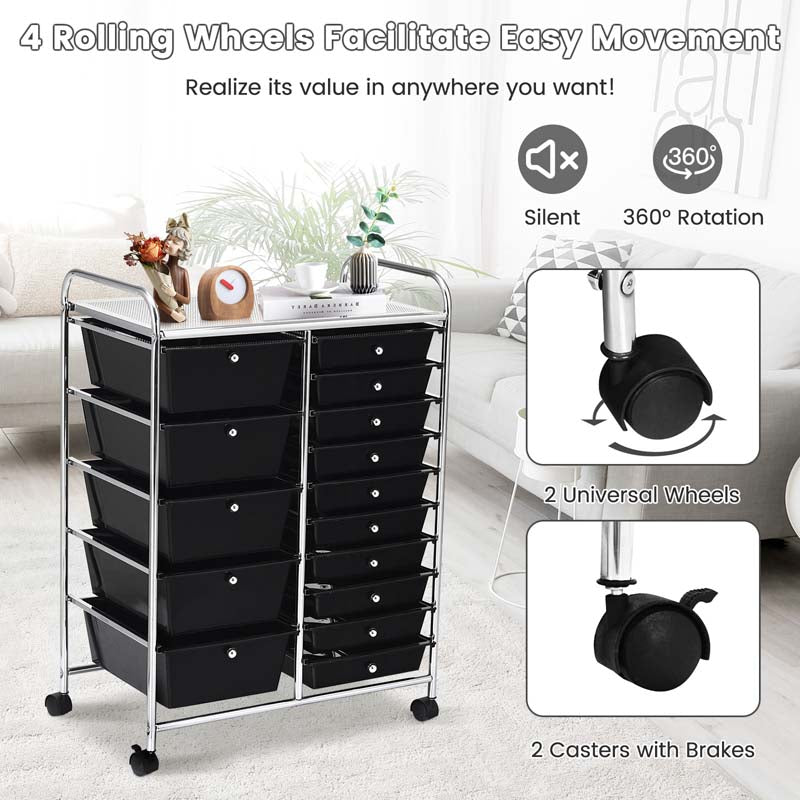 15-Drawer Storage Drawer Cart Tools Scrapbook Paper Organizer Cart Office School Utility Cart Rolling Storage Cart with Wheels