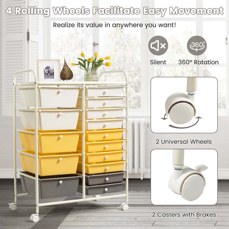 15-Drawer Storage Drawer Cart Tools Scrapbook Paper Organizer Cart Office School Utility Cart Rolling Storage Cart with Wheels