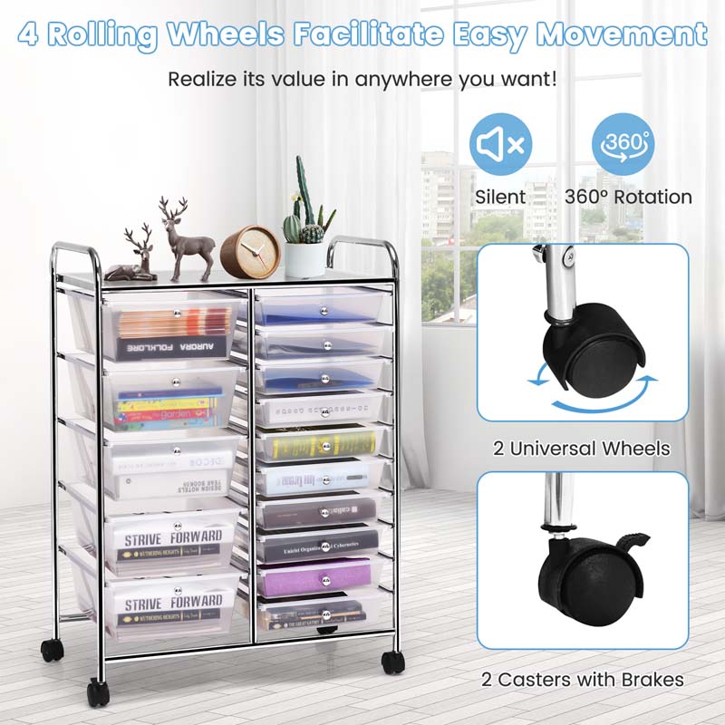 15-Drawer Storage Drawer Cart Tools Scrapbook Paper Organizer Cart Office School Utility Cart Rolling Storage Cart with Wheels