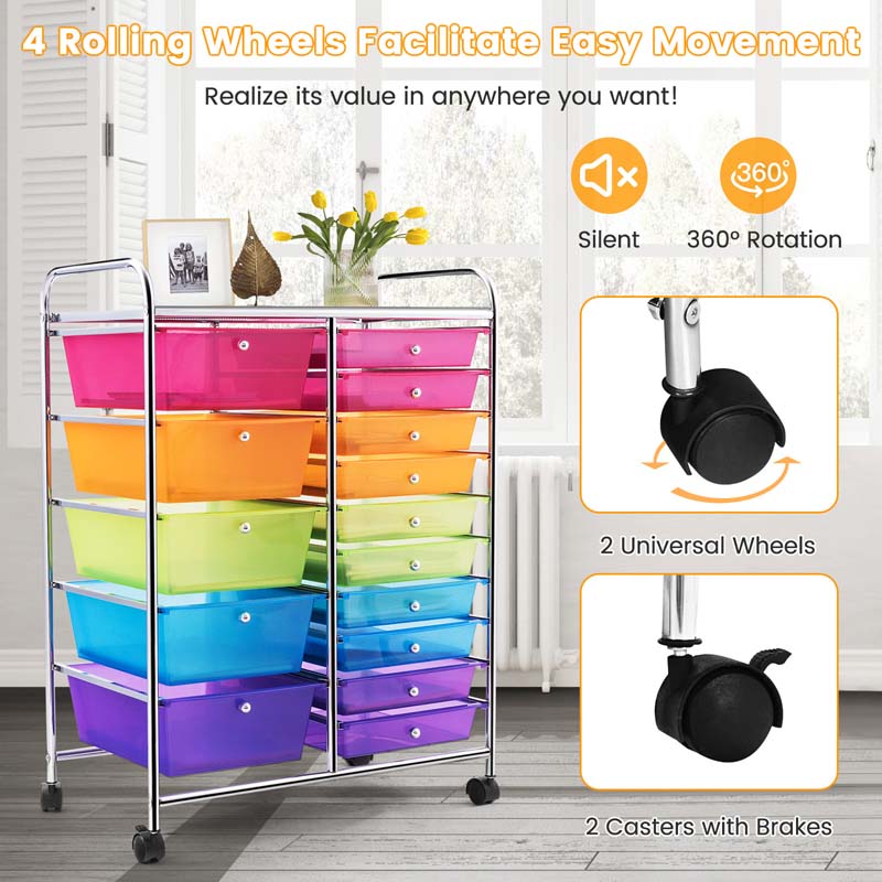 15-Drawer Storage Drawer Cart Tools Scrapbook Paper Organizer Cart Office School Utility Cart Rolling Storage Cart with Wheels