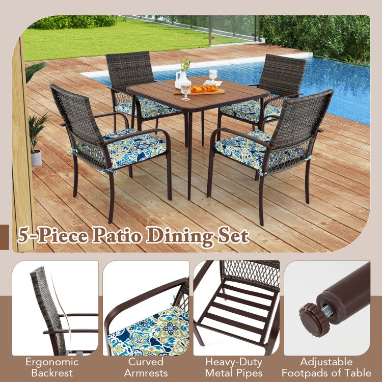 5 Pieces Patio Dining Set, 4 Cushioned Rattan Armchairs & Square Table with Wood-Plastic Tabletop & Umbrella Hole
