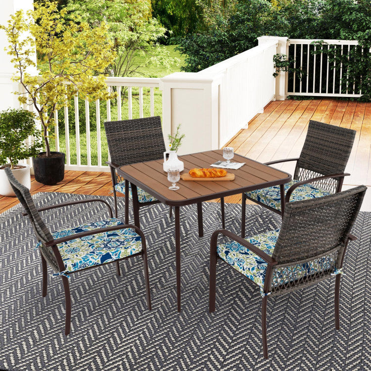 5 Pieces Patio Dining Set, 4 Cushioned Rattan Armchairs & Square Table with Wood-Plastic Tabletop & Umbrella Hole