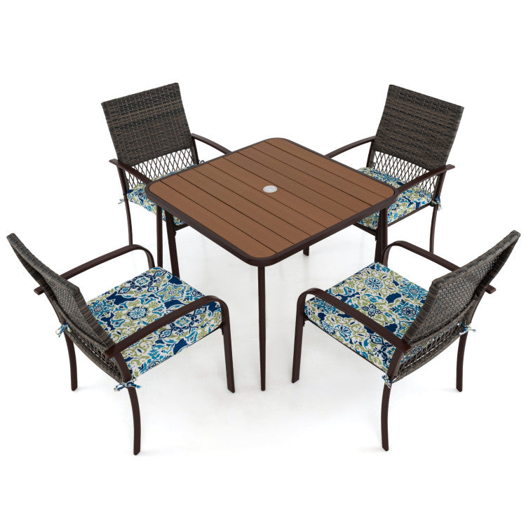 5 Pieces Patio Dining Set, 4 Cushioned Rattan Armchairs & Square Table with Wood-Plastic Tabletop & Umbrella Hole