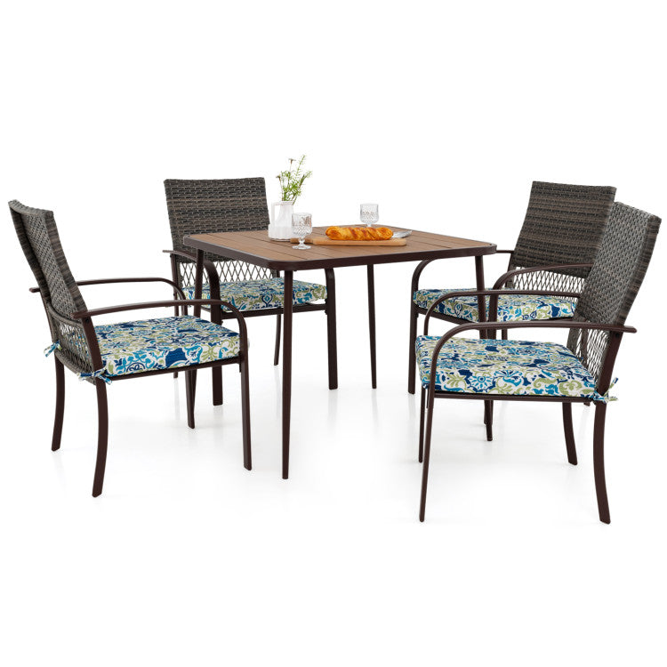 5 Pieces Patio Dining Set, 4 Cushioned Rattan Armchairs & Square Table with Wood-Plastic Tabletop & Umbrella Hole