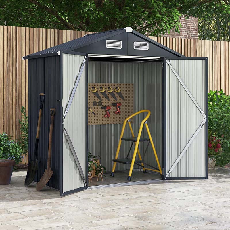 6.3 x 3.5 FT Metal Outdoor Storage Shed Garden Shed Tool Storage House with 4 Vents, Base Floor, Lockable Doors