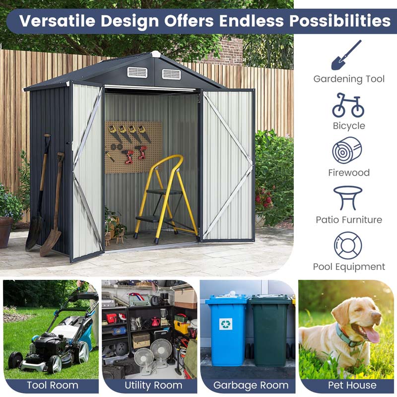 6.3 x 3.5 FT Metal Outdoor Storage Shed Garden Shed Tool Storage House with 4 Vents, Base Floor, Lockable Doors