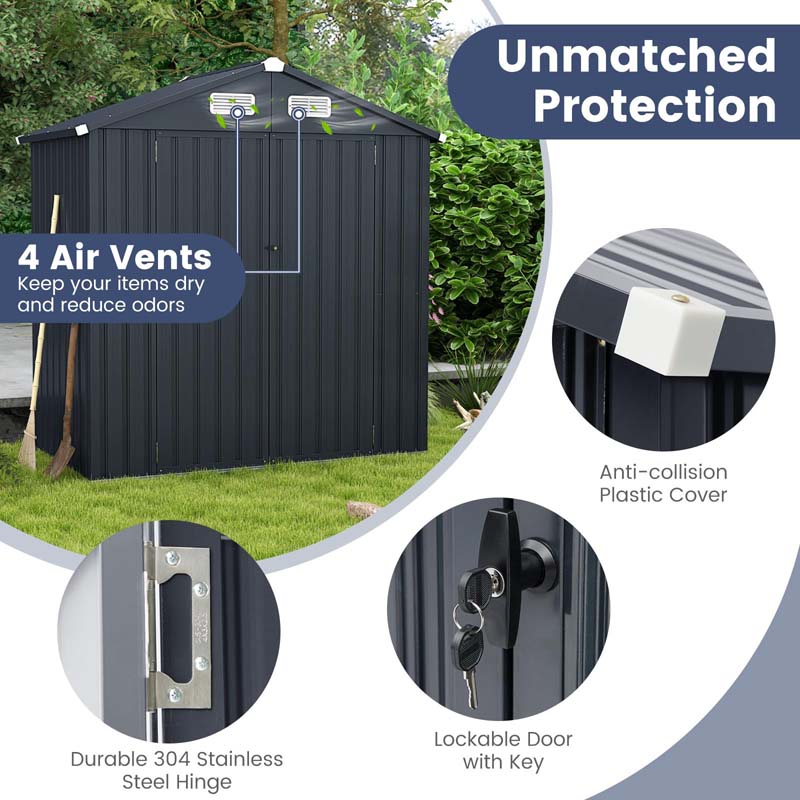 6.3 x 3.5 FT Metal Outdoor Storage Shed Garden Shed Tool Storage House with 4 Vents, Base Floor, Lockable Doors