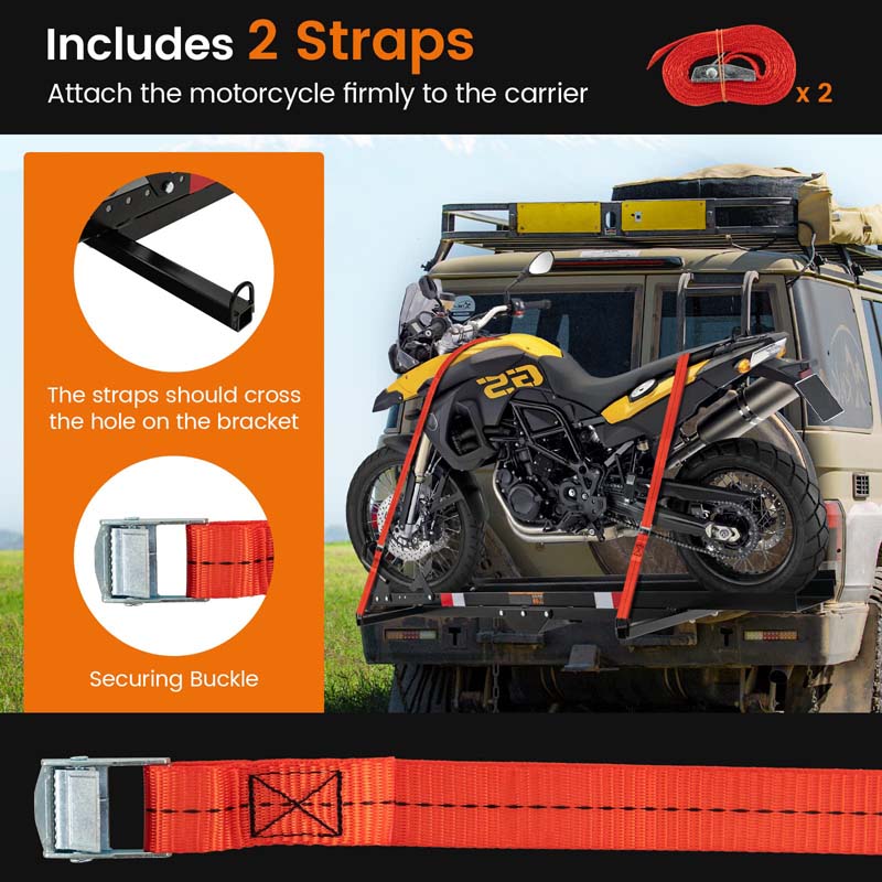 600LBS Motorcycle Hitch Carrier Fit Up to 7.5" Wide Tire, Motorcycle Carrier Hitch Mount w/Loading Ramp, Dirt Bike Trailer, Heavy Duty Motorcycle Rack