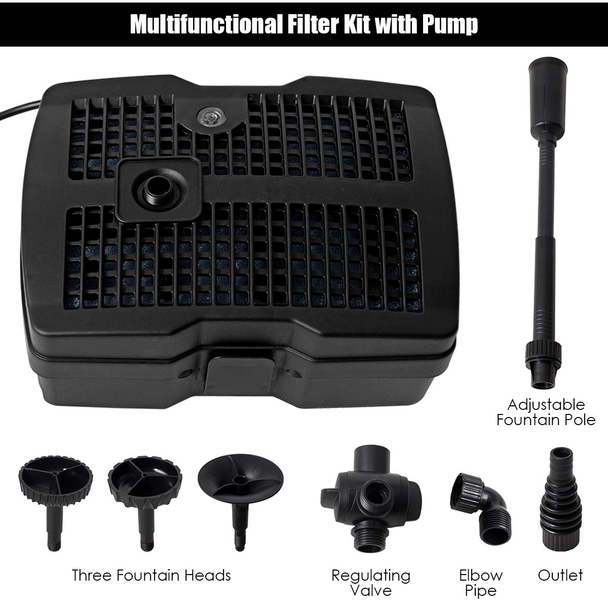 4-in-1 Koi Pond Filter Pump, 660 GPH Submersible Fountain Water Pump with 3 Fountain Heads & UV Light