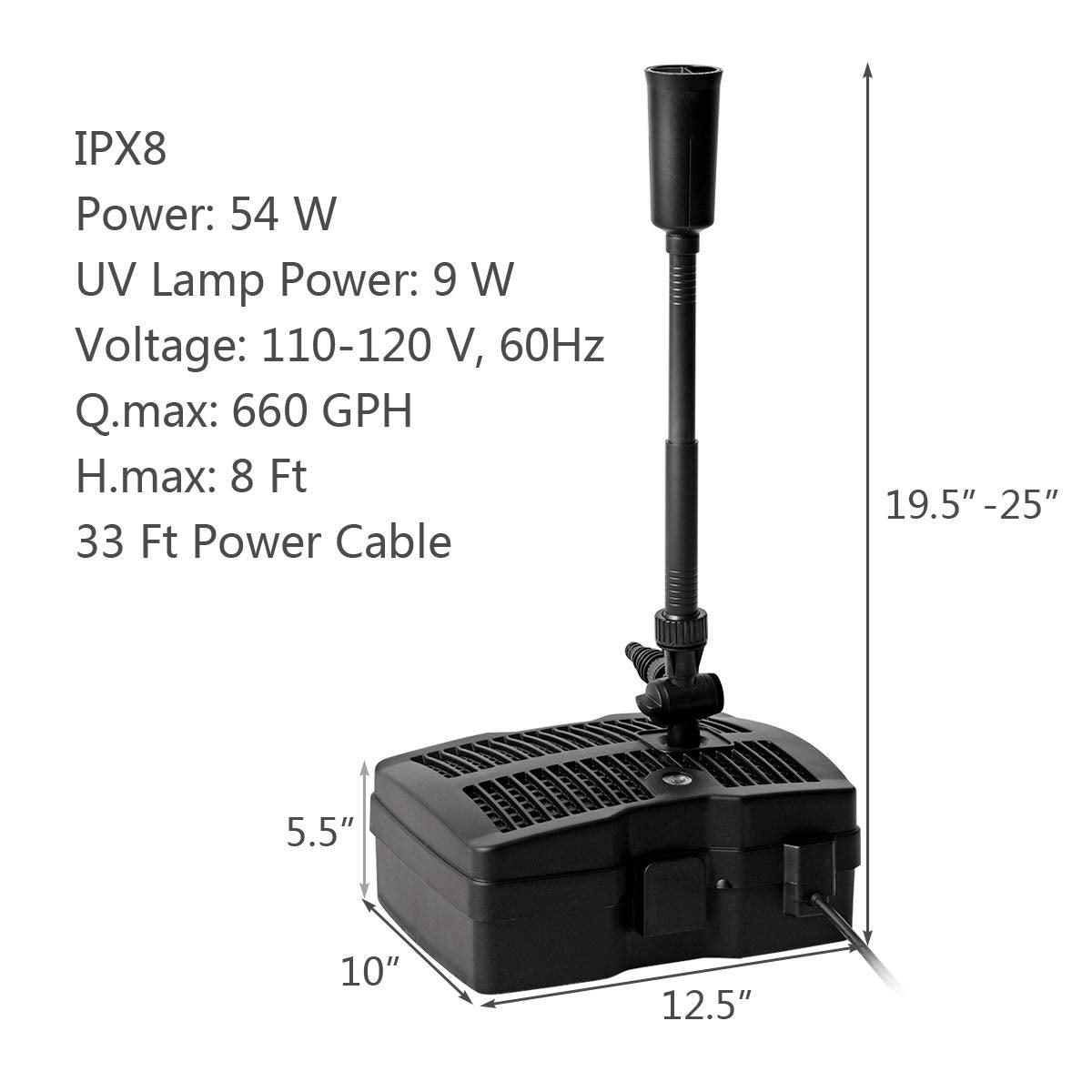 4-in-1 Koi Pond Filter Pump, 660 GPH Submersible Fountain Water Pump with 3 Fountain Heads & UV Light
