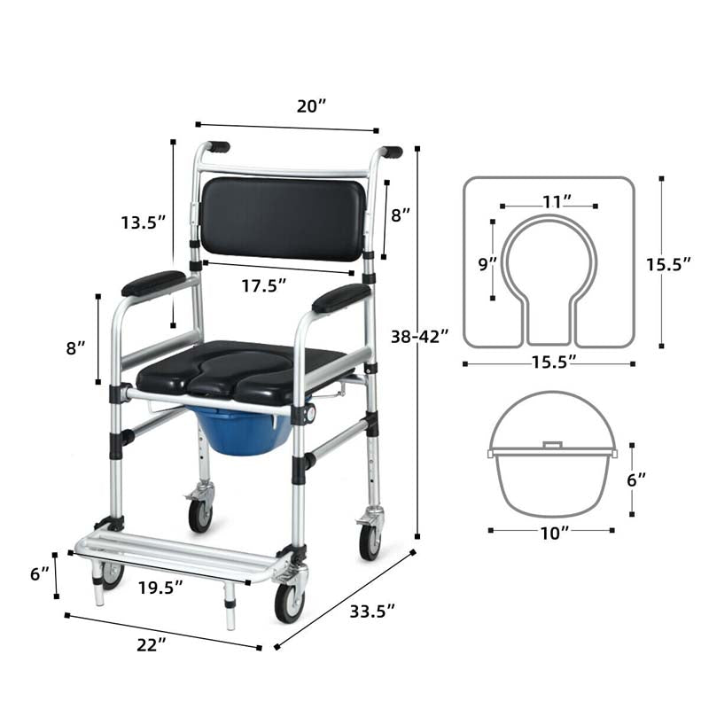 2-in-1 Foldable Shower Commode Wheelchair, Aluminum Alloy Transport Chair Toilet Bedside Wheelchair with Commode
