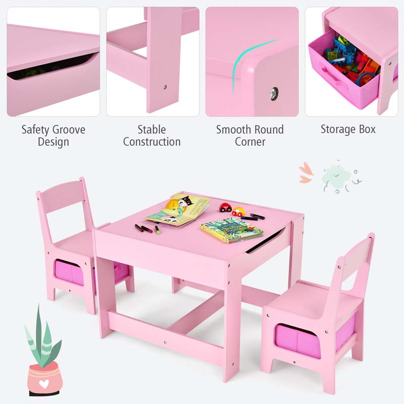 3-in-1 Kids Wood Table Chairs Set with Blackboard & Storage Drawers, Children Multi Activity Table for Learning Playing Drawing