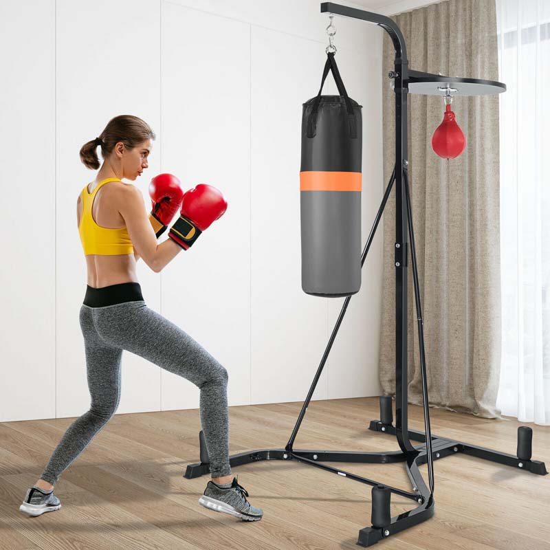 2-in-1 Height Adjustable Boxing Stand with Filled Punching Bag & Speed Ball, Heavy Duty Free Standing Boxing Station for Home Gym