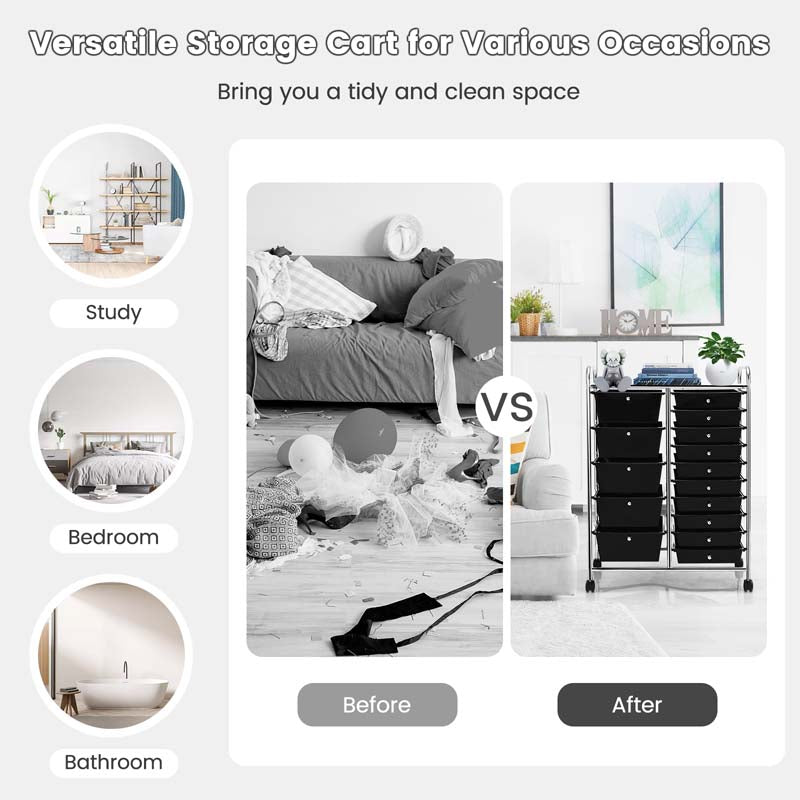 15-Drawer Storage Drawer Cart Tools Scrapbook Paper Organizer Cart Office School Utility Cart Rolling Storage Cart with Wheels