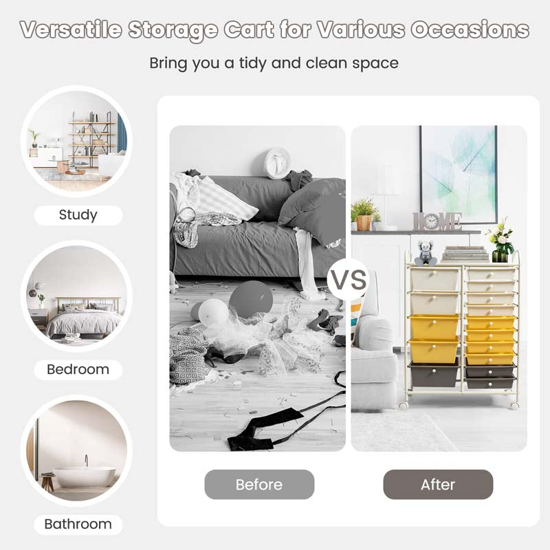 15-Drawer Storage Drawer Cart Tools Scrapbook Paper Organizer Cart Office School Utility Cart Rolling Storage Cart with Wheels