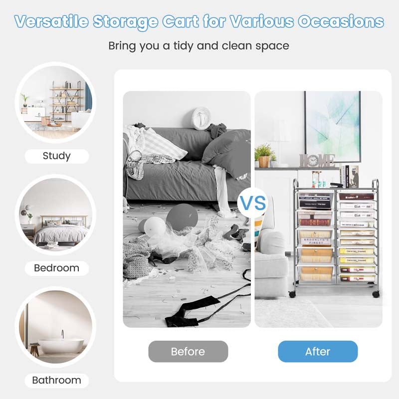 15-Drawer Storage Drawer Cart Tools Scrapbook Paper Organizer Cart Office School Utility Cart Rolling Storage Cart with Wheels