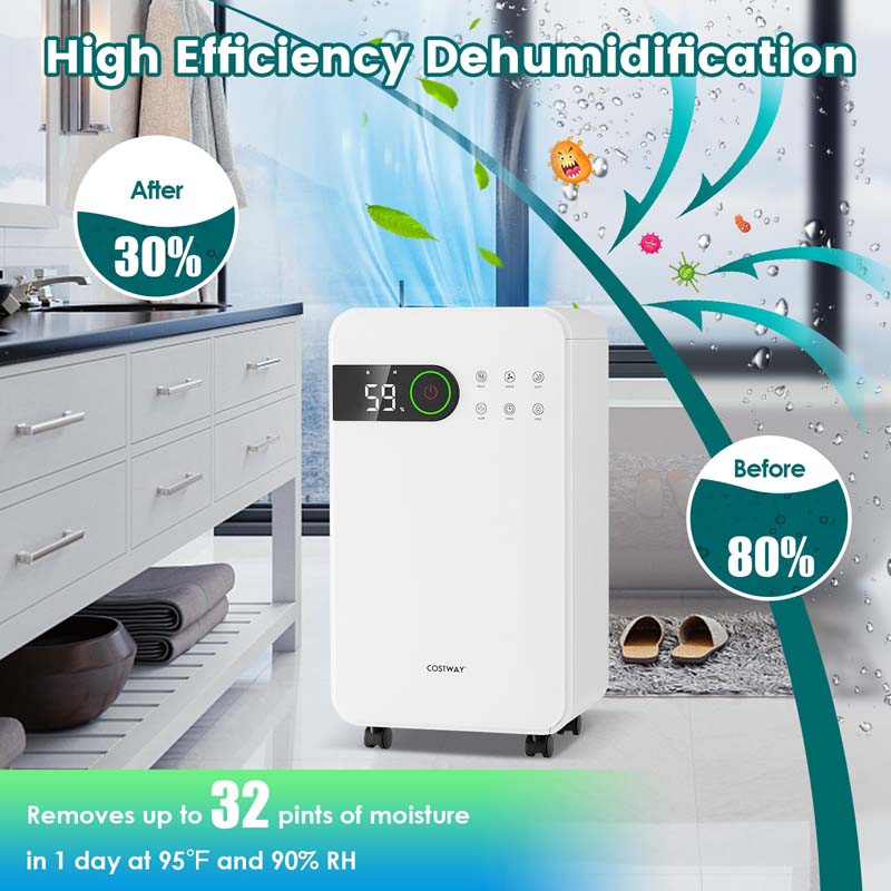 2500 Sq.Ft Dehumidifier for Basement, 32 Pints Dehumidifier with Auto Drain, Child Lock & Wheels, Sleep Mode, 3-Color LED Indicator & 24H Timer