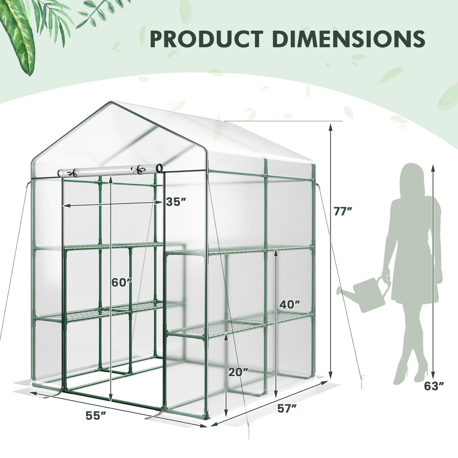 4.6 x 4.7 x 6.5 FT Walk-in Greenhouse with 3 Tiers 4 Shelves, 4 Ground Stakes & Ropes, PVC Cover, Roll-up Zippered Door