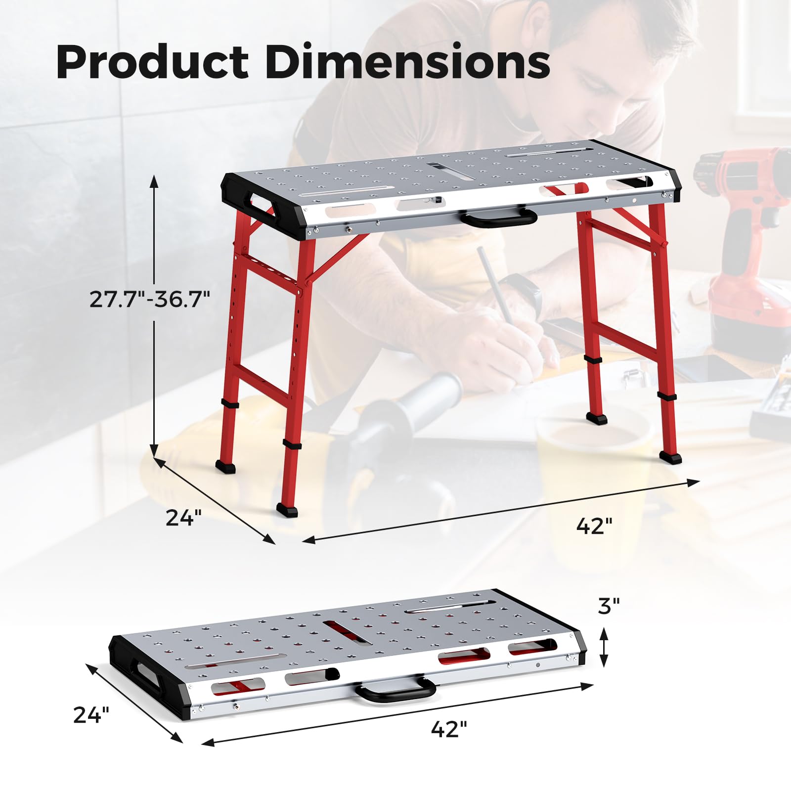 42" x 21" Portable Folding Welding Table, 1000 LBS Capacity Height Adjustable Weld Workbench with 2 Bar Clamps, 8 Tool Slots, Carrying Handle