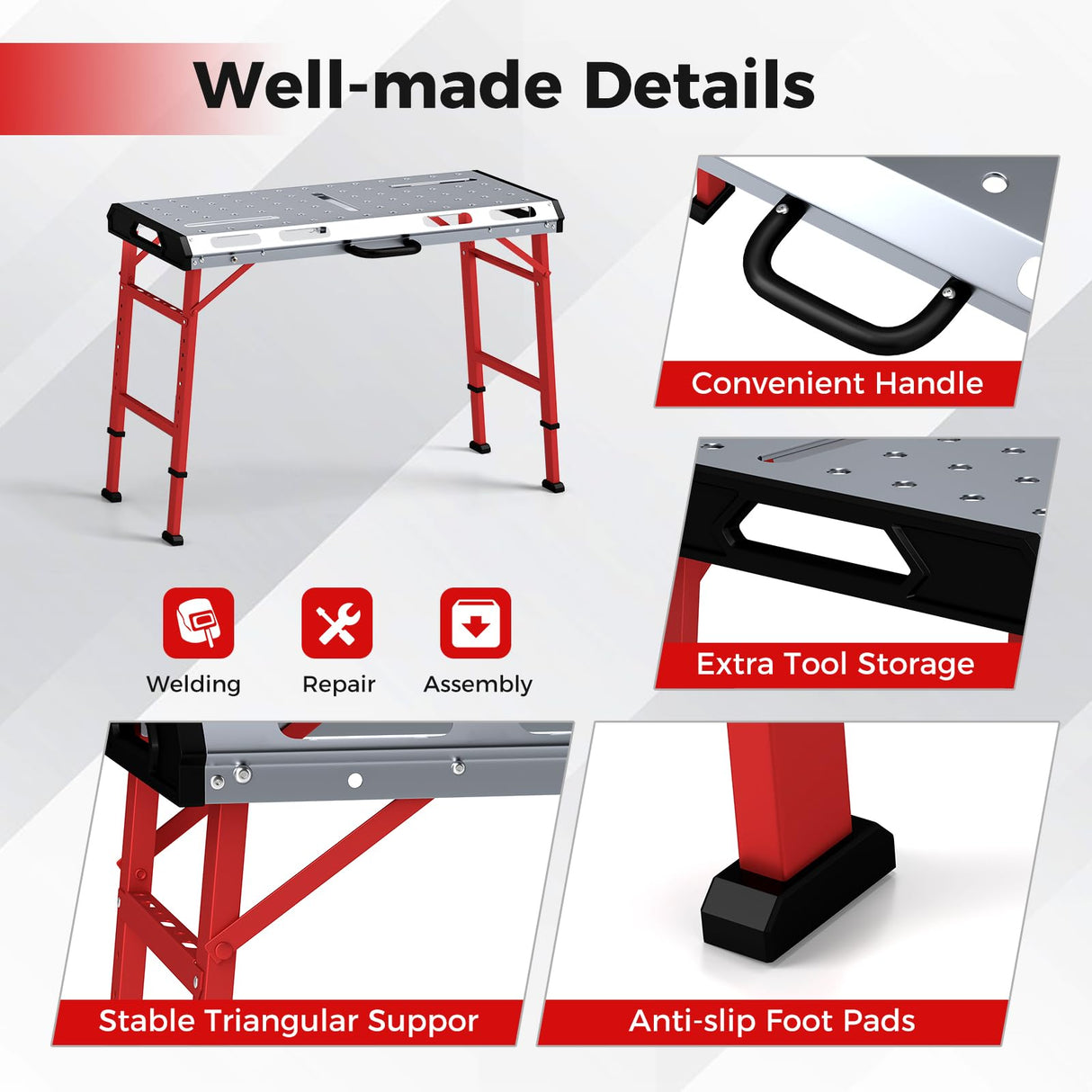 42" x 21" Portable Folding Welding Table, 1000 LBS Capacity Height Adjustable Weld Workbench with 2 Bar Clamps, 8 Tool Slots, Carrying Handle
