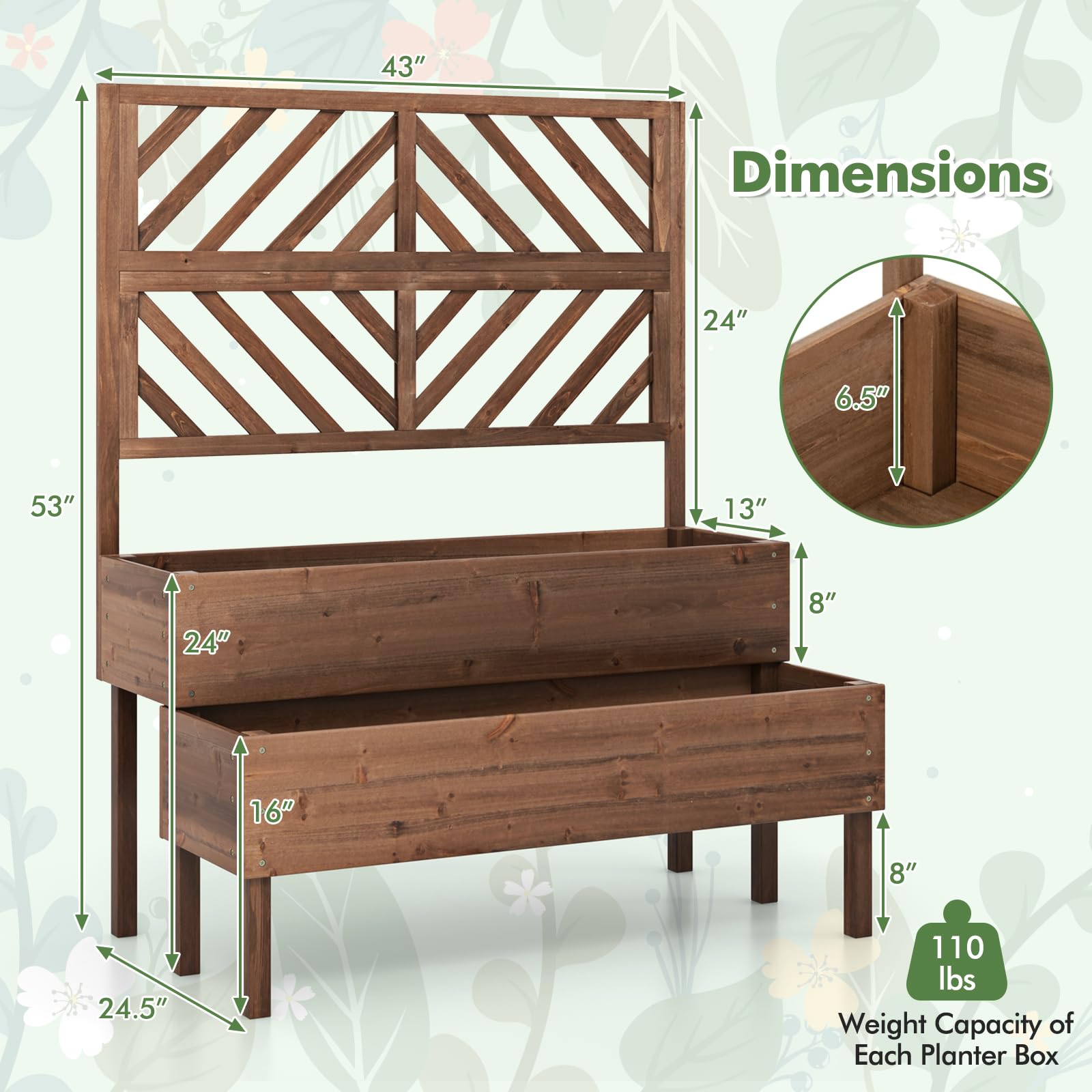 2-Tier Wooden Raised Garden Bed with Trellis, 2 Planter Boxes, Drainage Holes, Outdoor Elevated Planter Box for Flowers Herbs Vegetables Fruits
