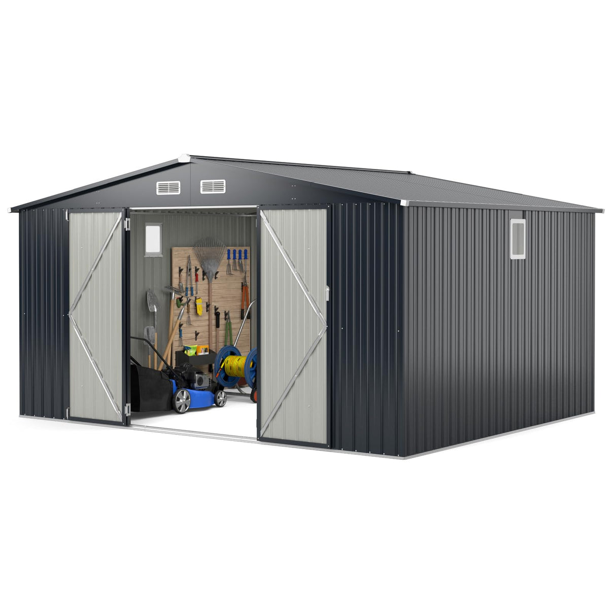 12 x 9.8 FT All-Weather Outdoor Storage Shed, Rustproof Galvanized Metal Utility Tool Shed w/Lockable Door, Pitched Roof, Windows