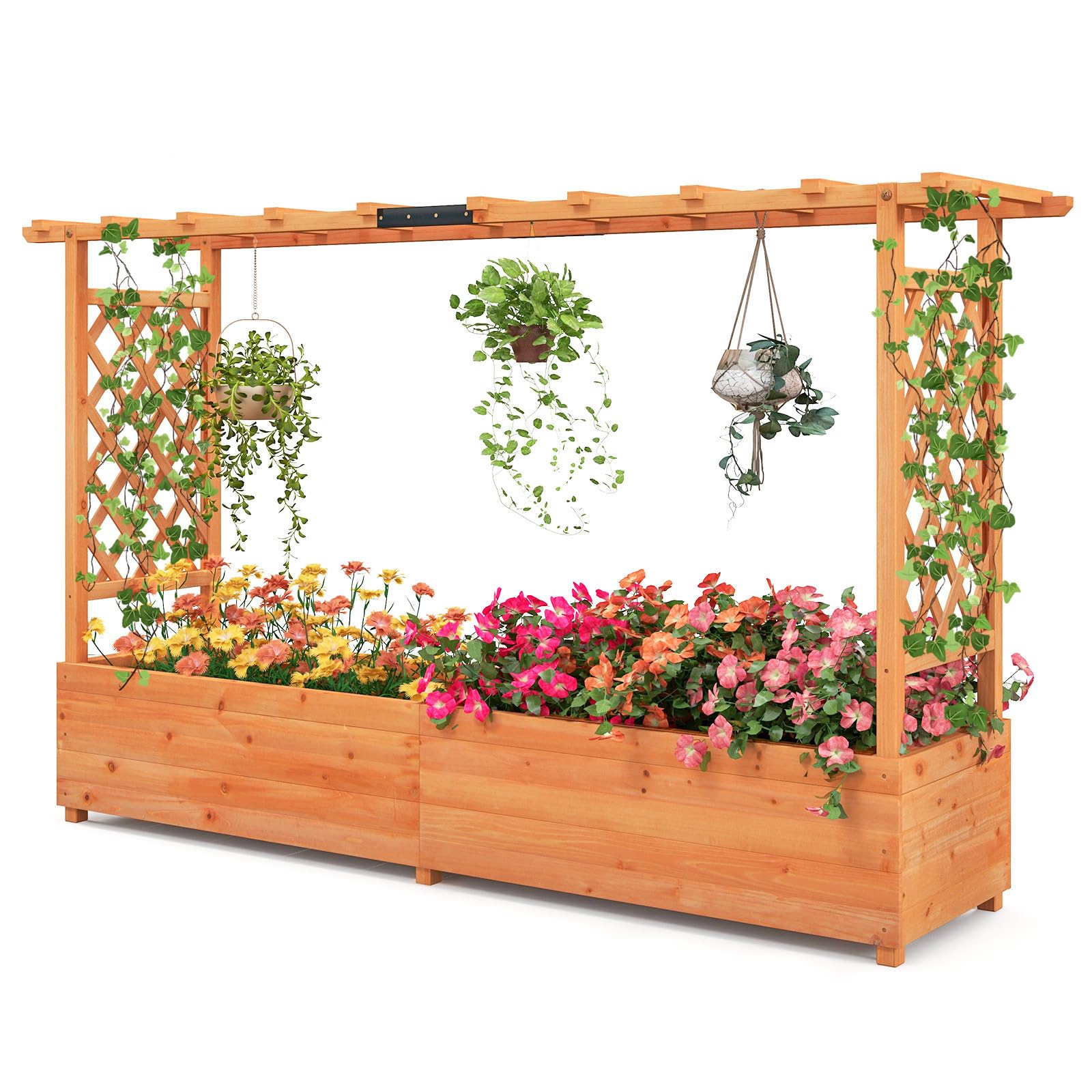 Raised Garden Bed with Trellis & Hanging Roof, Freestanding Planter Box for Flower Climbing Plant Herb, 79"L x 17.5"W x 45"H