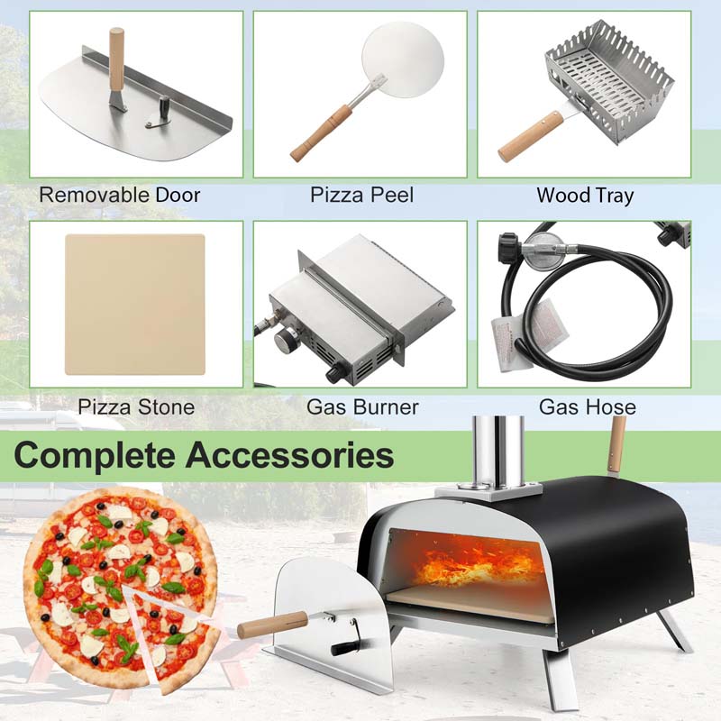 Propane & Wood Fired Pizza Maker with 13" Pizza Stone & Pizza Peel, Portable Multi-Fuel Pizza Oven for Outdoor Camping Party