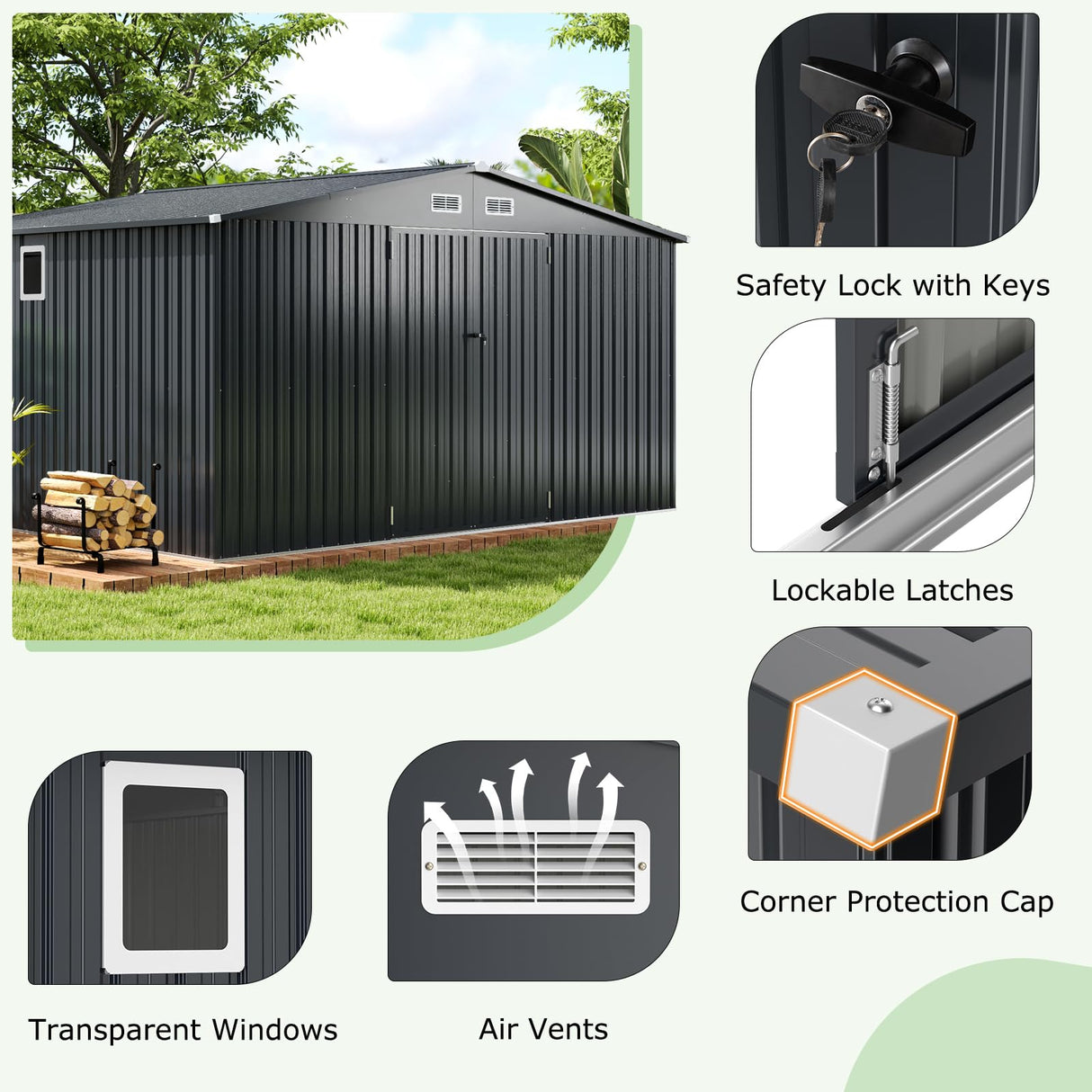 12 x 9.8 FT All-Weather Outdoor Storage Shed, Rustproof Galvanized Metal Utility Tool Shed w/Lockable Door, Pitched Roof, Windows