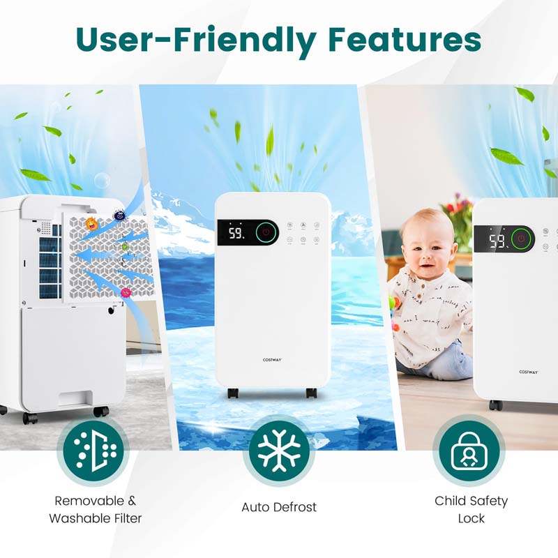 2500 Sq.Ft Dehumidifier for Basement, 32 Pints Dehumidifier with Auto Drain, Child Lock & Wheels, Sleep Mode, 3-Color LED Indicator & 24H Timer
