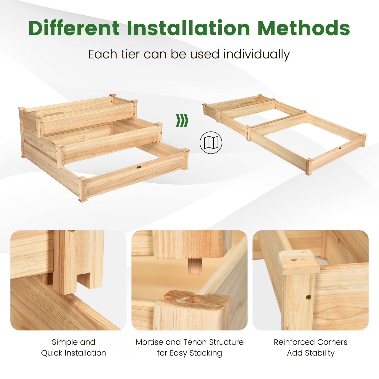 3-Tier Raised Garden Bed, 49" x 49" x 22" Fir Wood Elevated Planter Box for Growing Vegetable/Flower/Herb, Plant Display Container Rack