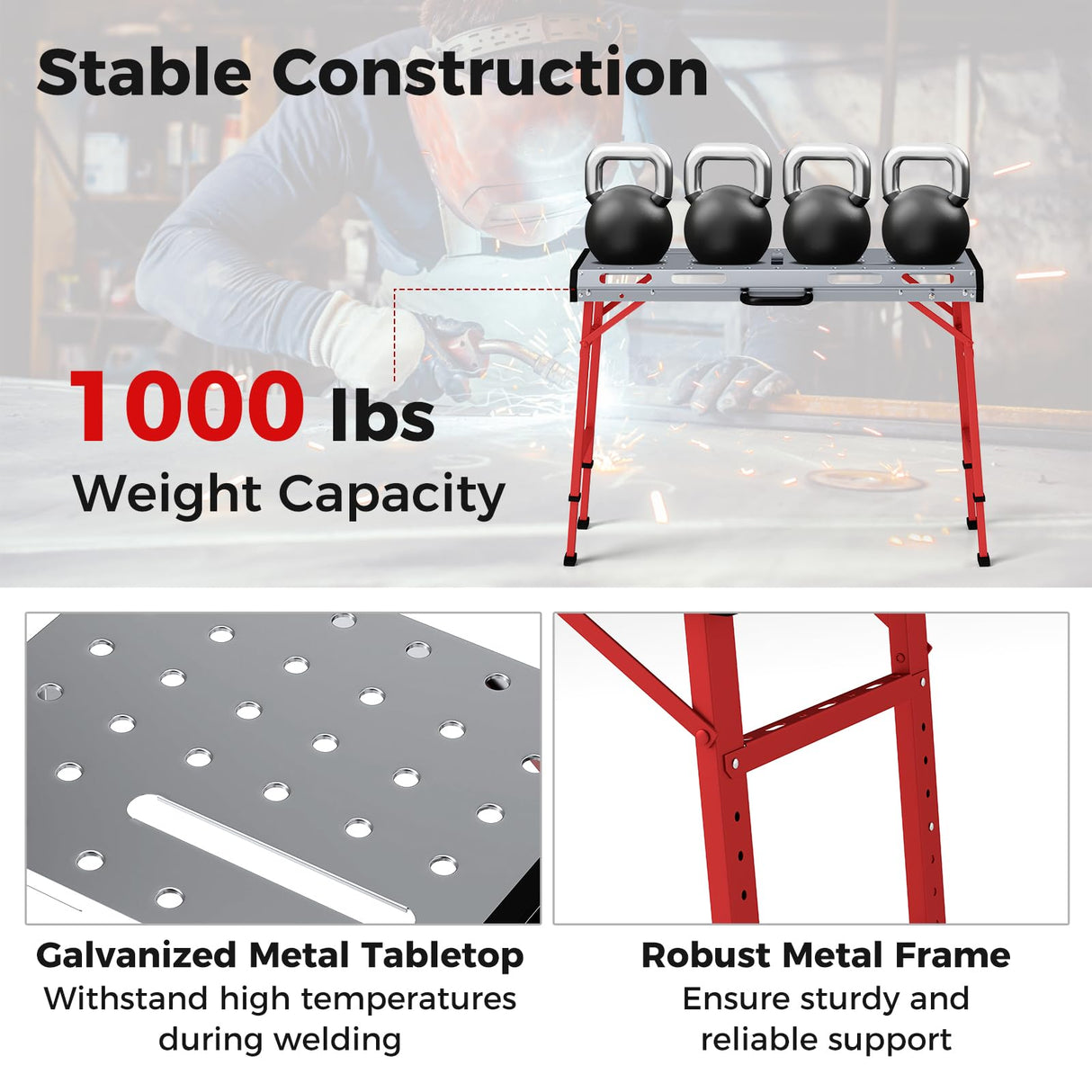 42" x 21" Portable Folding Welding Table, 1000 LBS Capacity Height Adjustable Weld Workbench with 2 Bar Clamps, 8 Tool Slots, Carrying Handle