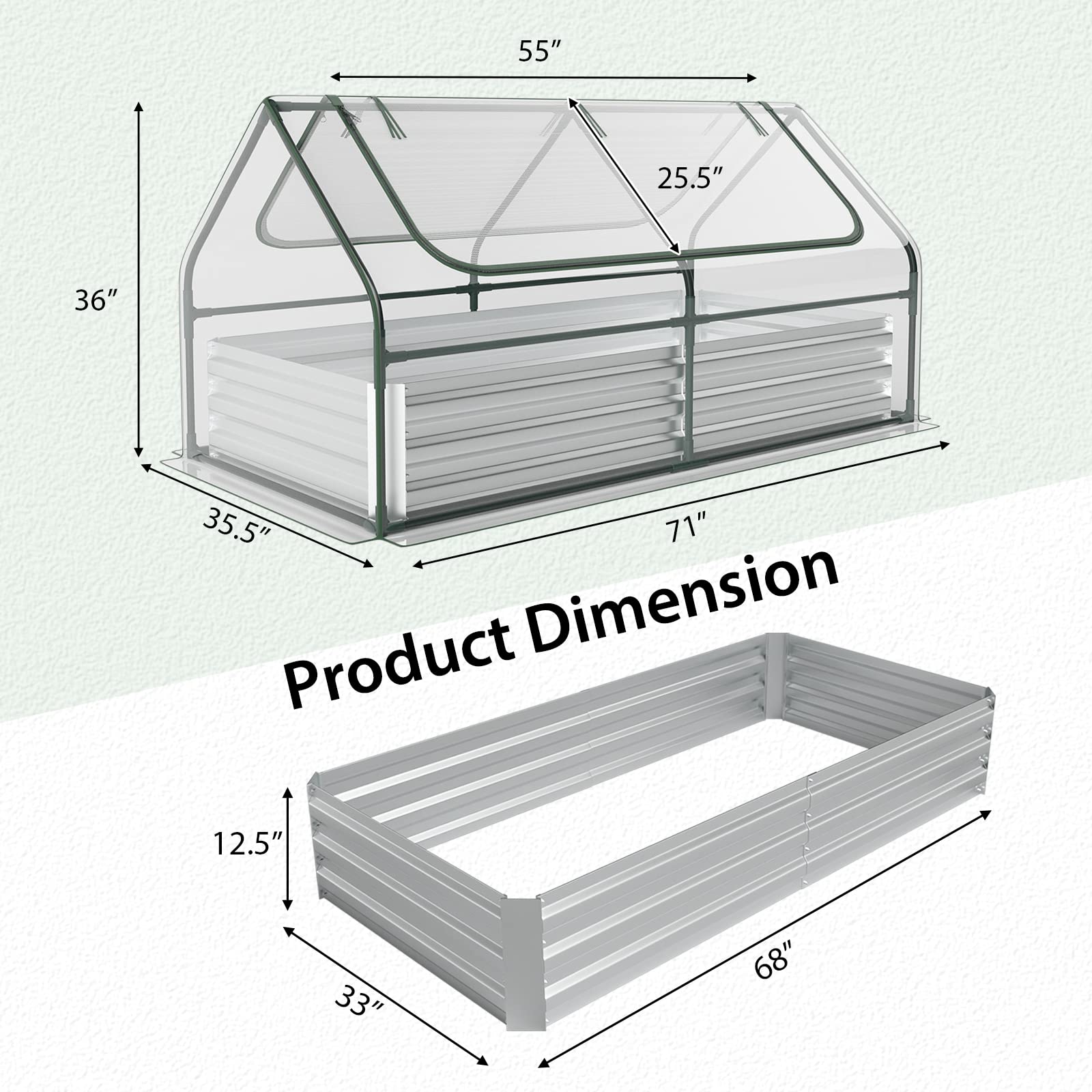 6FT x 3FT x 3FT Galvanized Bottomless Raised Garden Bed with Greenhouse, Dual 2-Tier Roll-Up Windows, Easy Venting & Watering