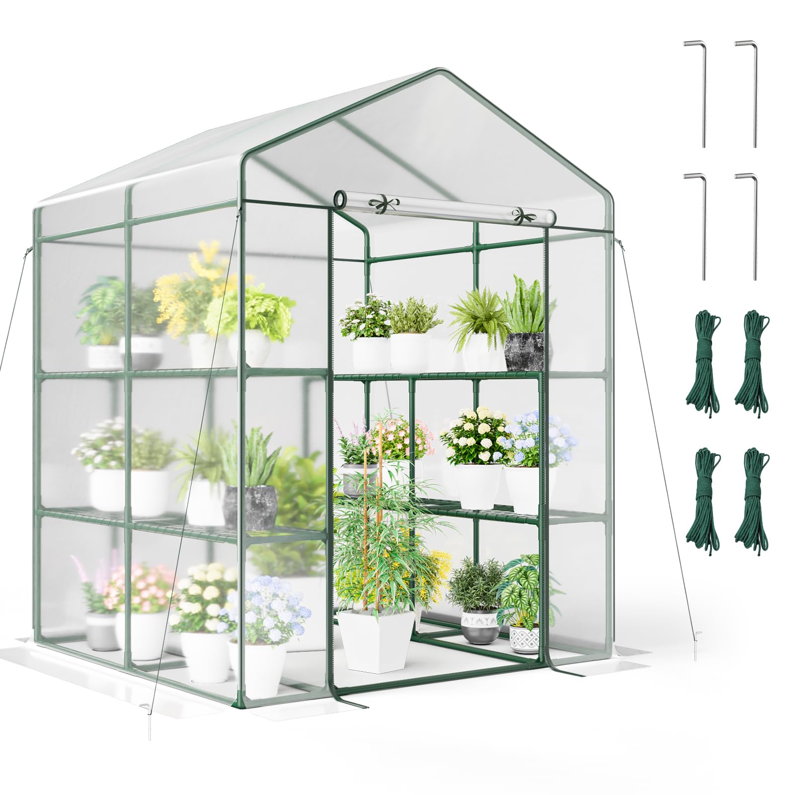 4.6 x 4.7 x 6.5 FT Walk-in Greenhouse with 3 Tiers 4 Shelves, 4 Ground Stakes & Ropes, PVC Cover, Roll-up Zippered Door