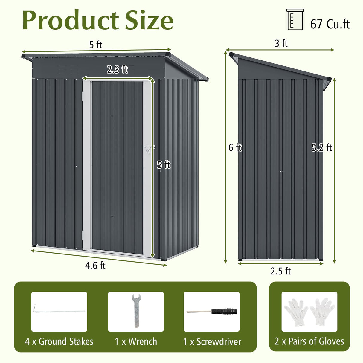 5 x 3 FT Outdoor Storage Shed, Galvanized Metal Tool House with Sloped Roof, 2 Vents, Lockable Door, Waterproof & Windproof Utility Tool Organizer