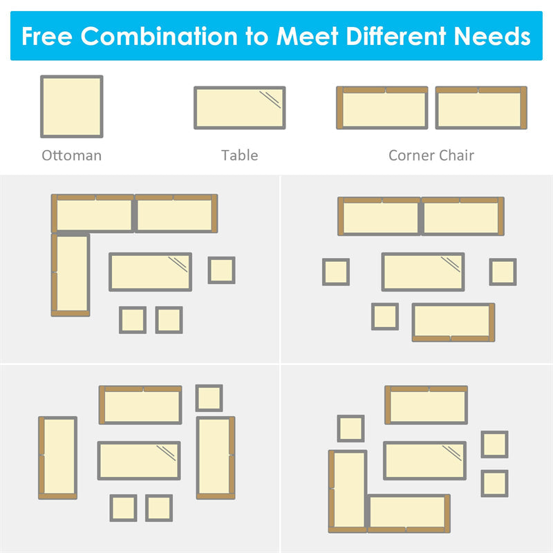 7 Pcs Rattan Patio Dining Furniture Sectional Sofa Set with Dining Table, Ottomans & Cushions