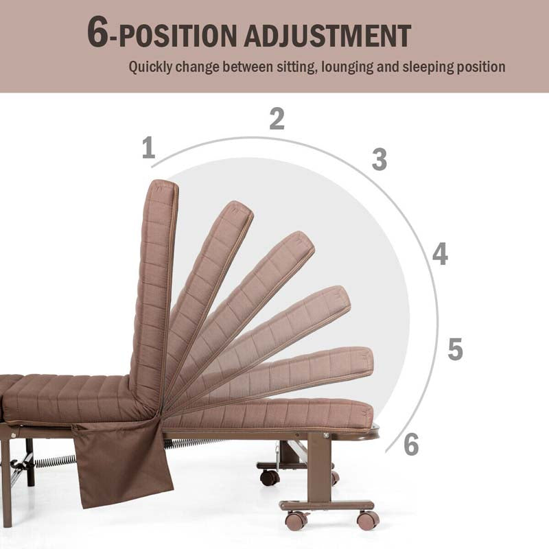 Folding Rollaway Bed with Mattress for Adult, Portable Guest Bed Frame with Adjustable 6 Position & Side Storage Pocket